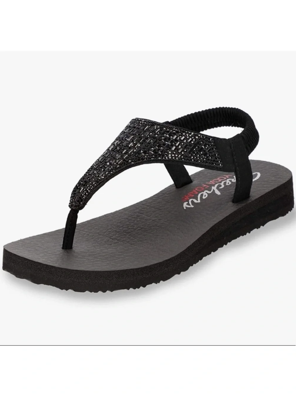 Skechers Yoga Foam Sandals Meditation Rock Crown Black Rhinestones Women’s Sz 9